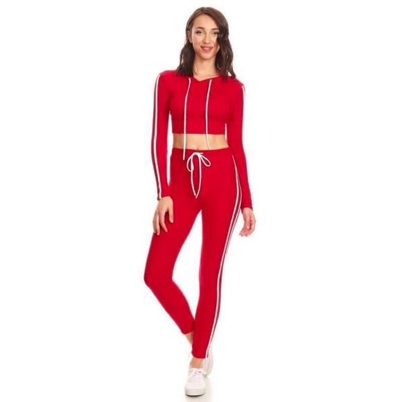 Pants - 2 Piece Red Tracksuit Leggings Cropped Hoodie